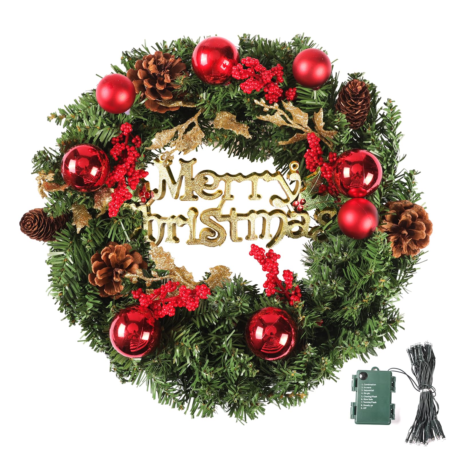 CEWOR 18in Pre-Lit Artificial Christmas Wreath with Lights Lighted Christmas Wreaths for Front Door with 40 LED Battery Operated 8 Modes Indoor Outdoor Xmas Wreath Decorations