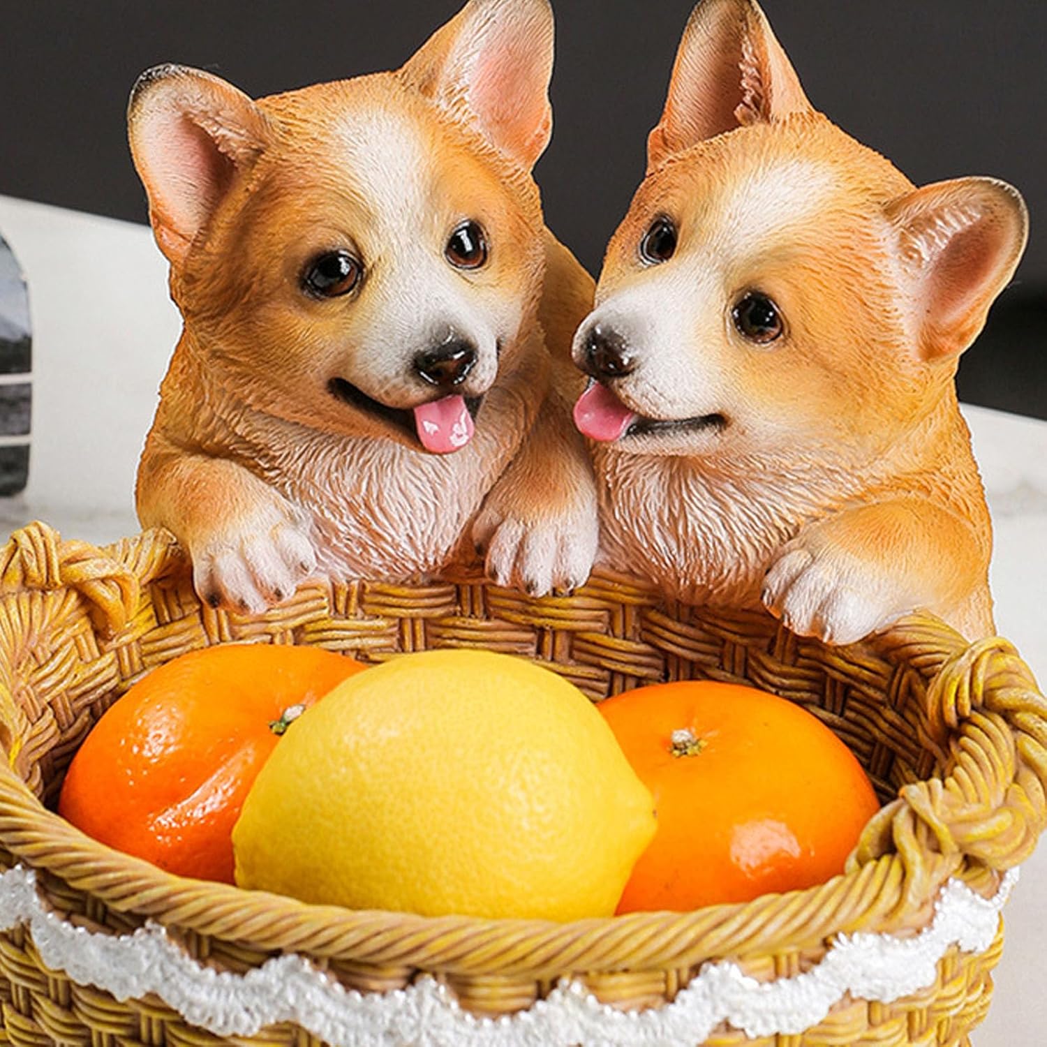 Creative Fruit Basket,Corgi Dog Figurines,Cute Puppy Statue,Home Decor,Desk Organizer,Storage Basket,Gift for Corgi (Khaki)