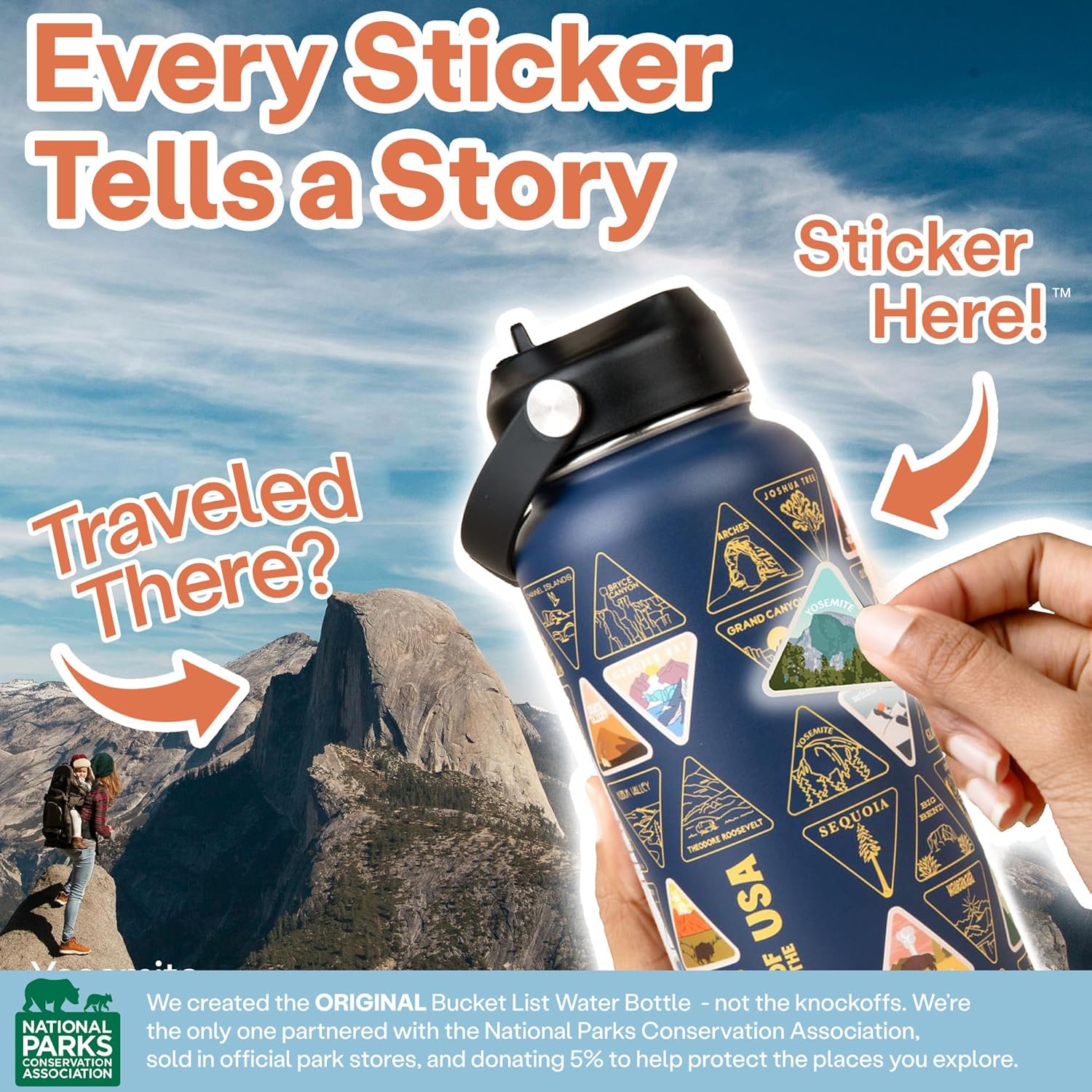 Wondery Parks of the USA® Water Bottle With 63 Waterproof Stickers of Parks (USA), 32 oz Stainless Steel Water Bottle for Traveling, Hiking, Camping, National Park Gifts - OCEAN - Image 4