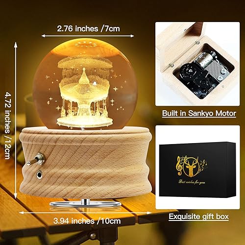 Miniatura 8 de Hwawhin Caja de música con bola de cristal 3D caja de música giratoria luminosa base de madera con luz LED de proyección Navidad día de San Valentín