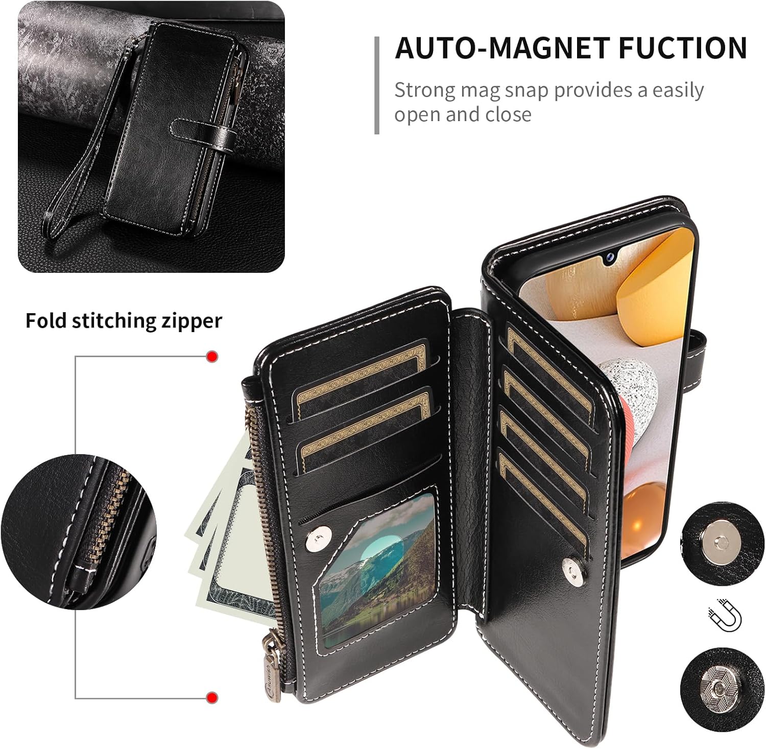 Asuwish Phone Case for Samsung Galaxy A42 5G Cover with Tempered Glass Screen Protector and Lanyard Zipper Wallet Card Holder Slot Stand Mobile Cell Accessories A 42 G5 42A S42 4G 2021 Women Men Black