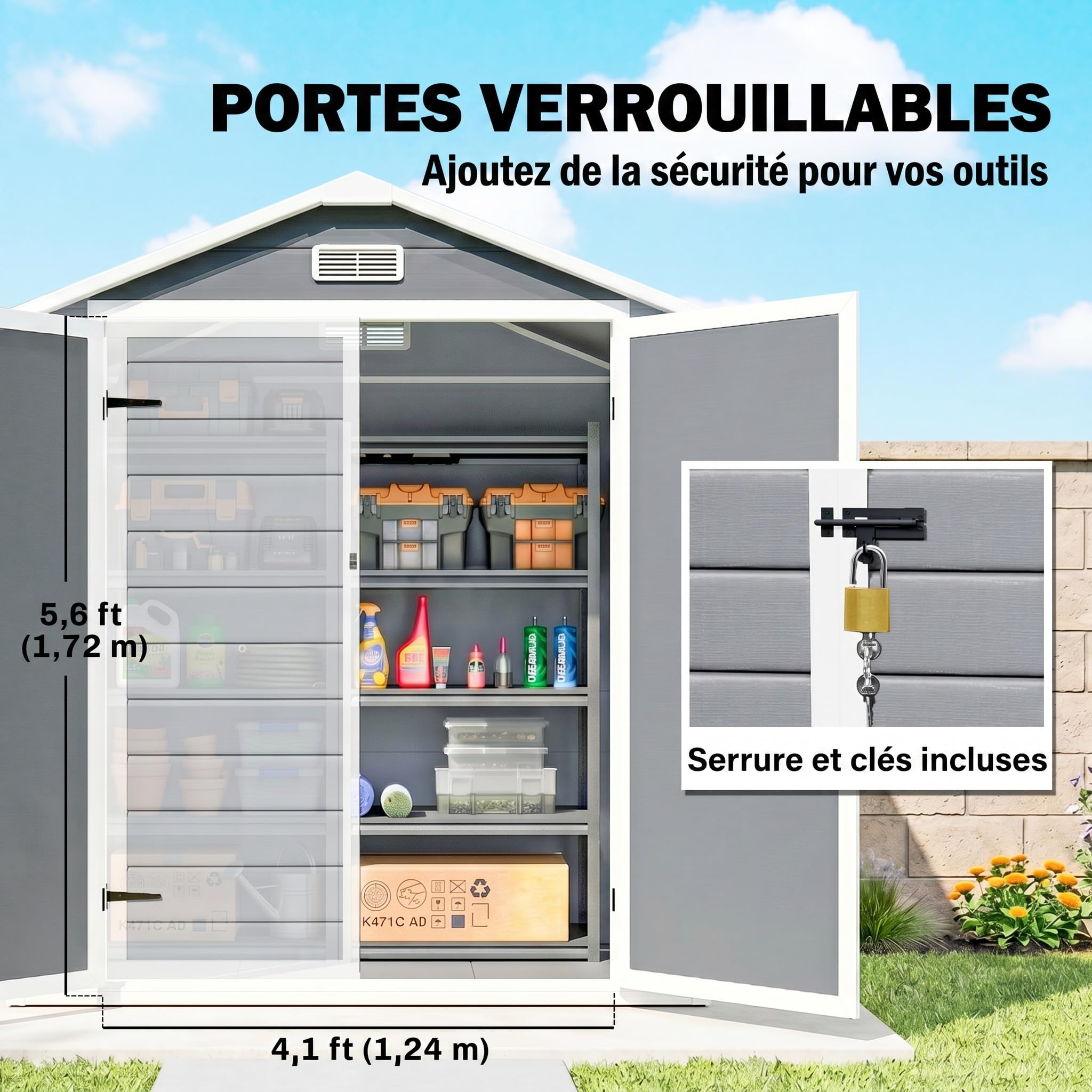 Outsunny Abri de Jardin cabanon en résine polypropylène 2,12 m² - 2 Portes 1 fenêtre et 1 Grille d'aération, Toit en Pente, Gris
