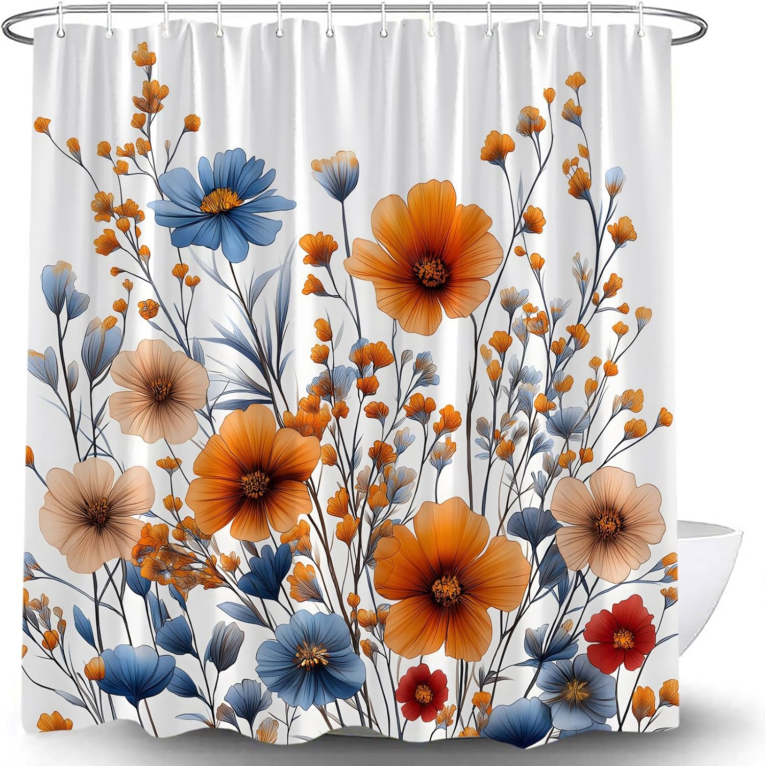 Watercolor Floral Shower Curtains Rustic Blue Orange Flower Spring Botanical Plant Wildflower Nature Art Farmhouse Bathroom Curtains Decor with Hooks