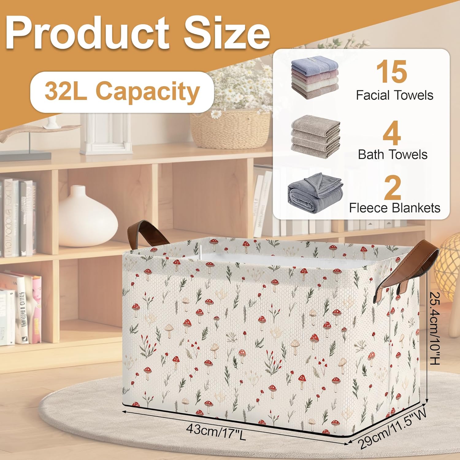 Little Mushroom Flower Storage Bins with Handles, Oxford Fabric Storage Basket with Sturdy Frame, Foldable Closet Organizer for Clothes Towels Blankets Shelf Storage