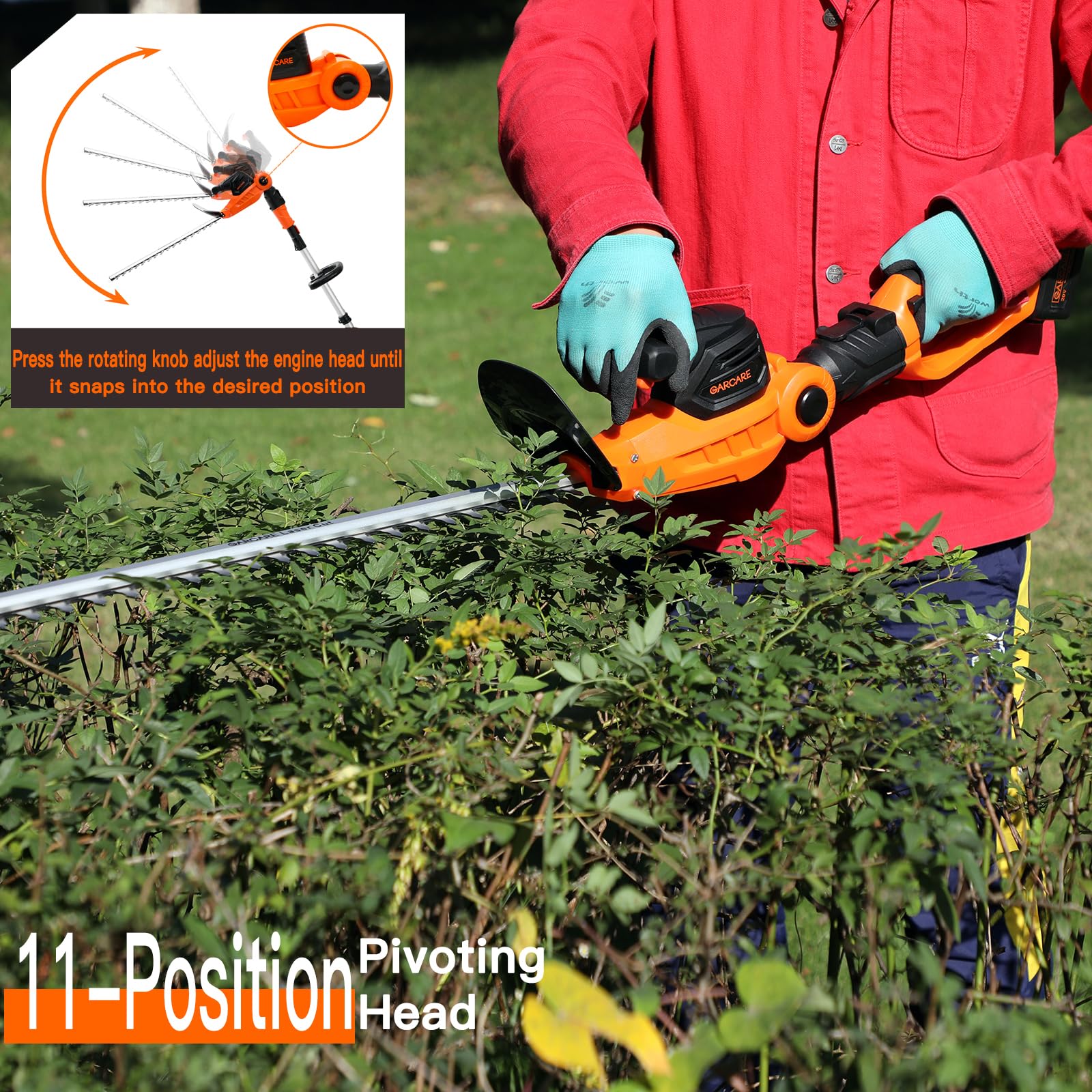 GARCARE - Taille-haie 2 en 1 sans fil avec batterie lithium-ion 20 V 4,0 Ah et chargeur rapide tondeuse d'arbre de 510 mm, lame laser à double action, capacité de coupe 7/10
