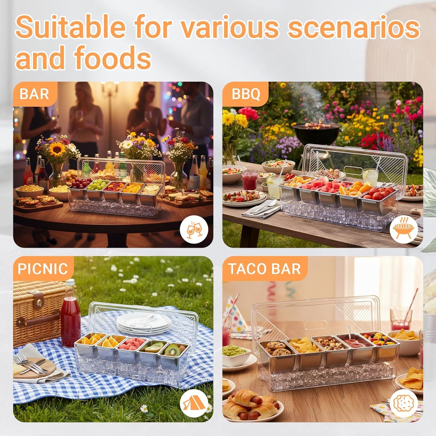 Large Ice Chilled Condiment Server Caddy with 5 Stainless Steel Removable Compartments, Clear Plastic Garnish Tray with Lid, 5 Forks and 2 Tongs, Fruit, Salad, Taco, Bar Platter for Party Bar Supplies - Image 6