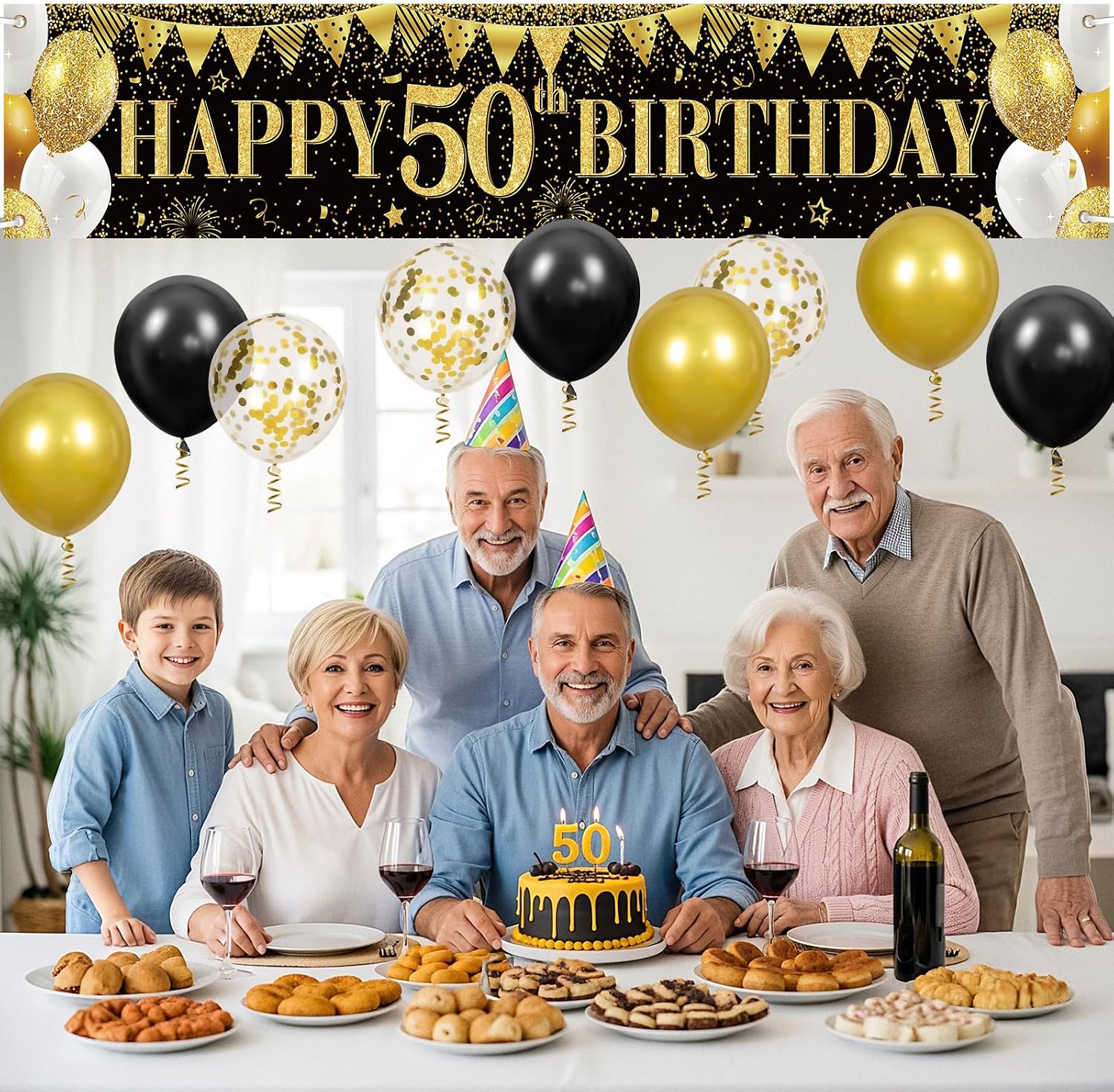 50th Birthday Yard Signs with Banner Black Gold 50th Birthday Lawn Sign with Banner Balloons 50 Years Celebration Party Decor for Men Women Outdoor Indoor Cheers to Fifty Years Old
