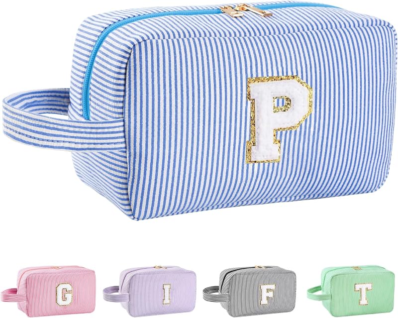 Necessaire de maquiagem personalizada Huifen com inicial P, azul