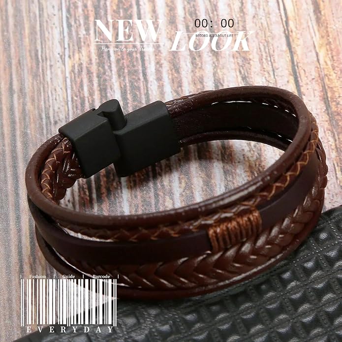Pulsera de cuero marrón para hombre con cierre de acero miniatura 4