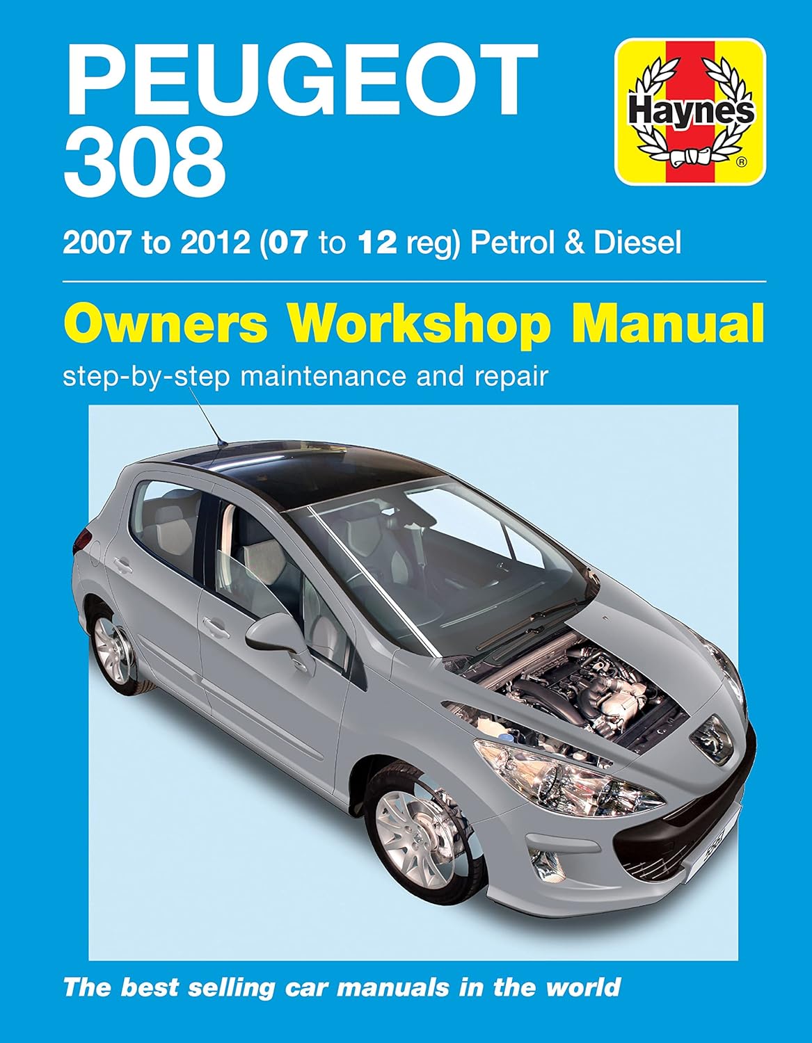 Front cover of the Haynes Peugeot 308 Repair Manual showing a grey Peugeot 308 car with its bonnet open, and the Haynes logo.