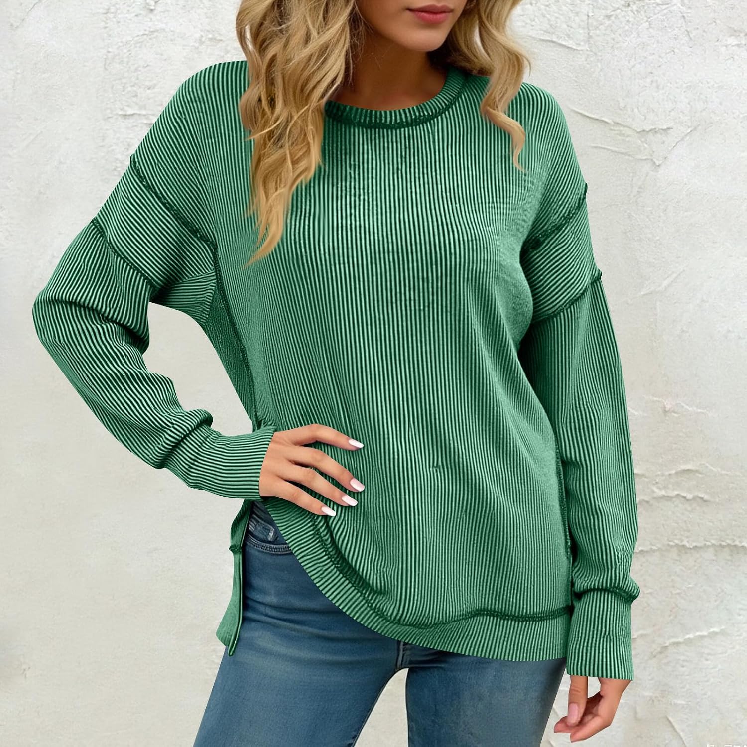 Womens Long Sleeve Tunic Top Striped Crewneck Shirts Dressy Casual Loose Fit Side Slit Blouses Fall Clothes Outfits