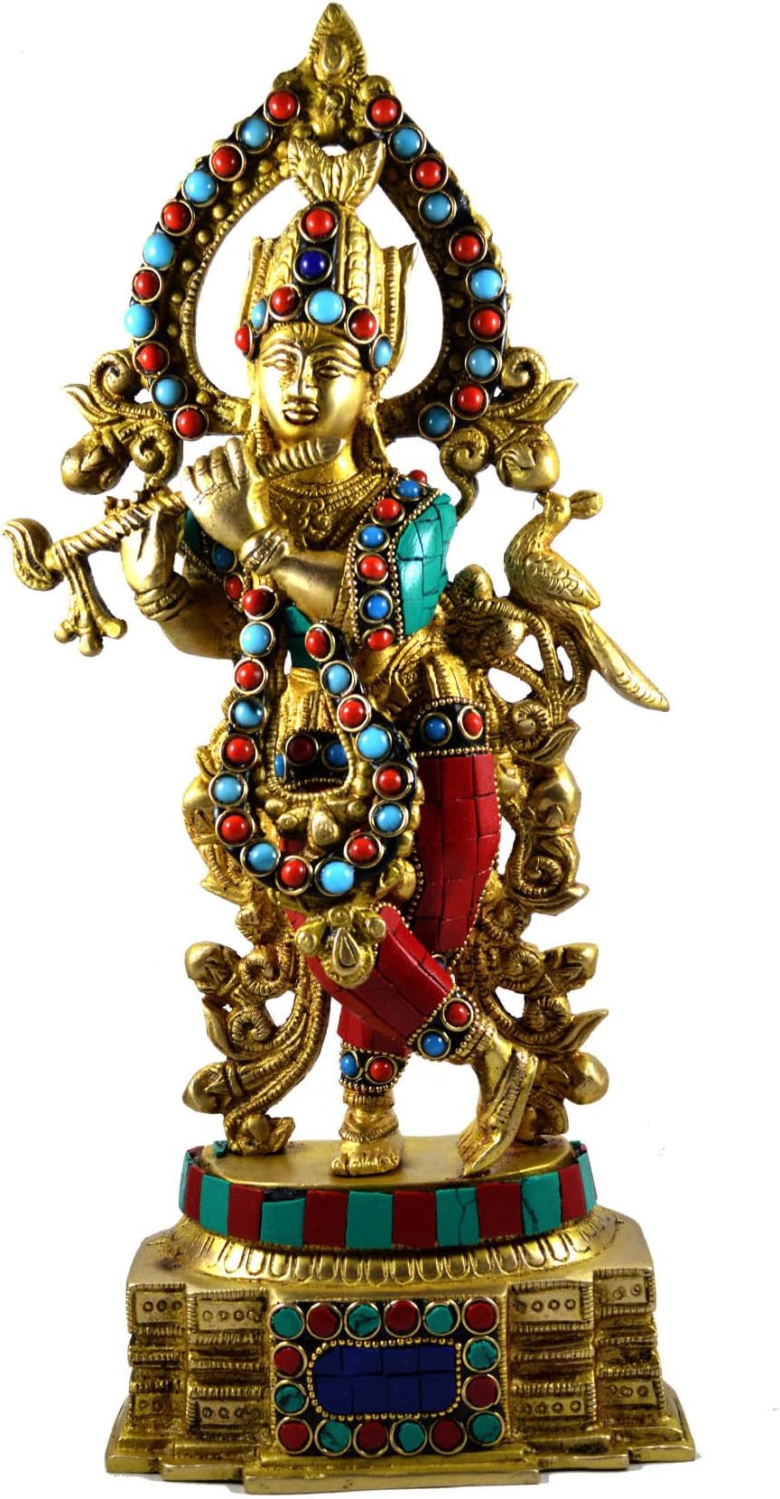 Craftuno Brass Lord Krishna Statue Embedded With Semi Precious Stone