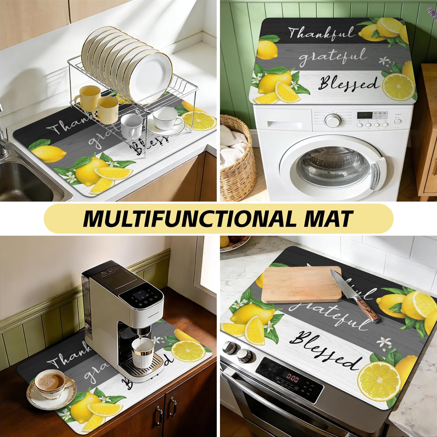 Stove Top Cover for Electric Stoves,Retro Lemon Thankful Glass Stove Top Cover,Heat Resistant Cooktop Protector Mat,Non-Slip Washable Dish Drying Mat,Farmhouse Multipurpose Kitchen Decor,28"x20"