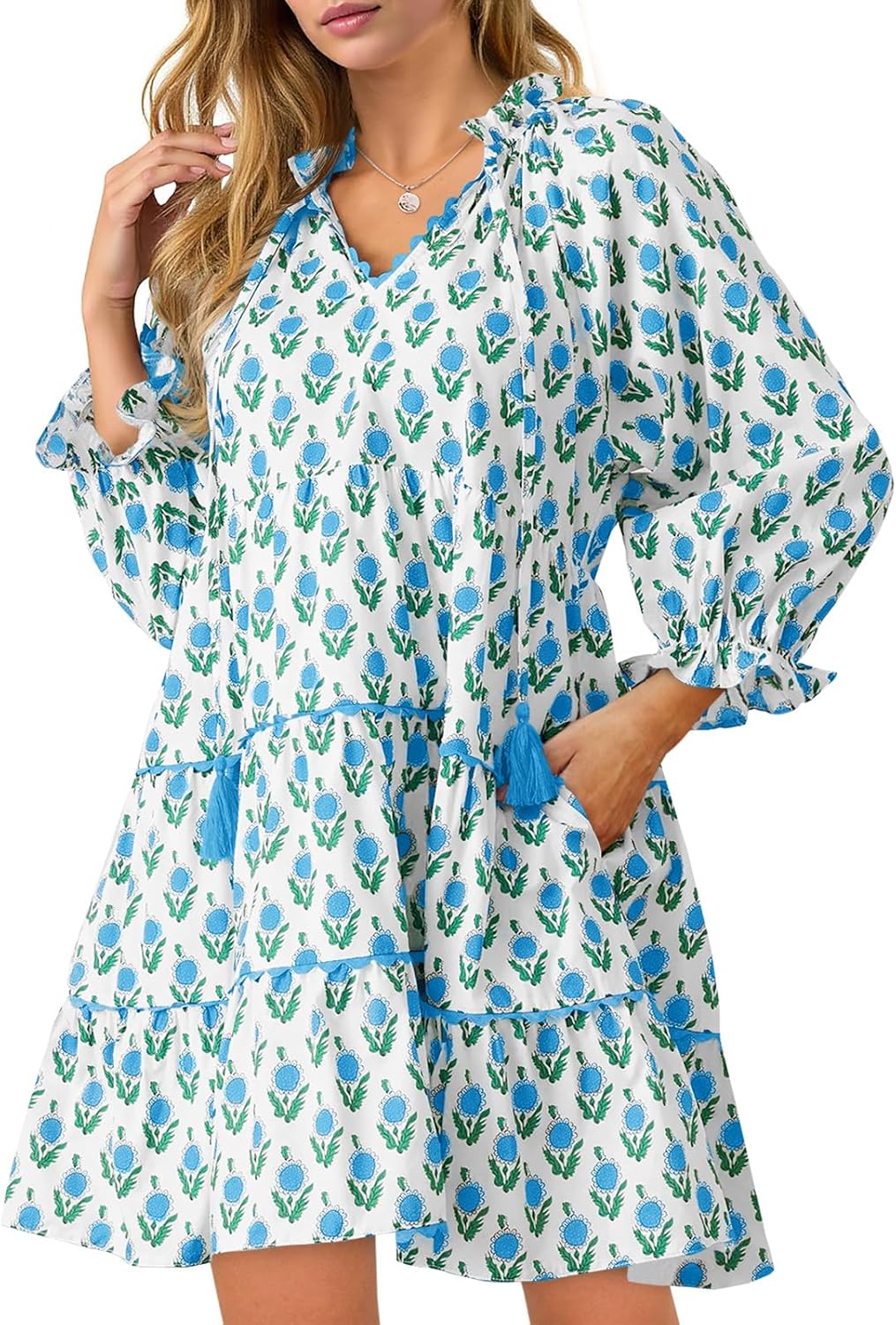 Wenrine Womens Casual Mini Dress Long Sleeve Floral Ruffle V Neck Fall Loose Boho Babydoll Dresses with Pockets