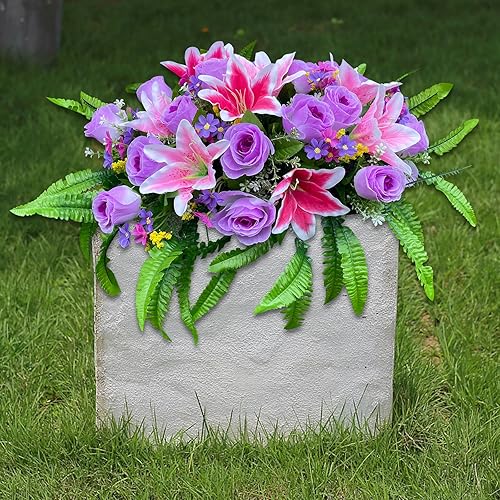 Miniatura 7 de Flores artificiales de condolencias para sillas de cementerio para lápidas, arreglo de mezcla de rosas rojas y amarillas para decoraciones de tumbas