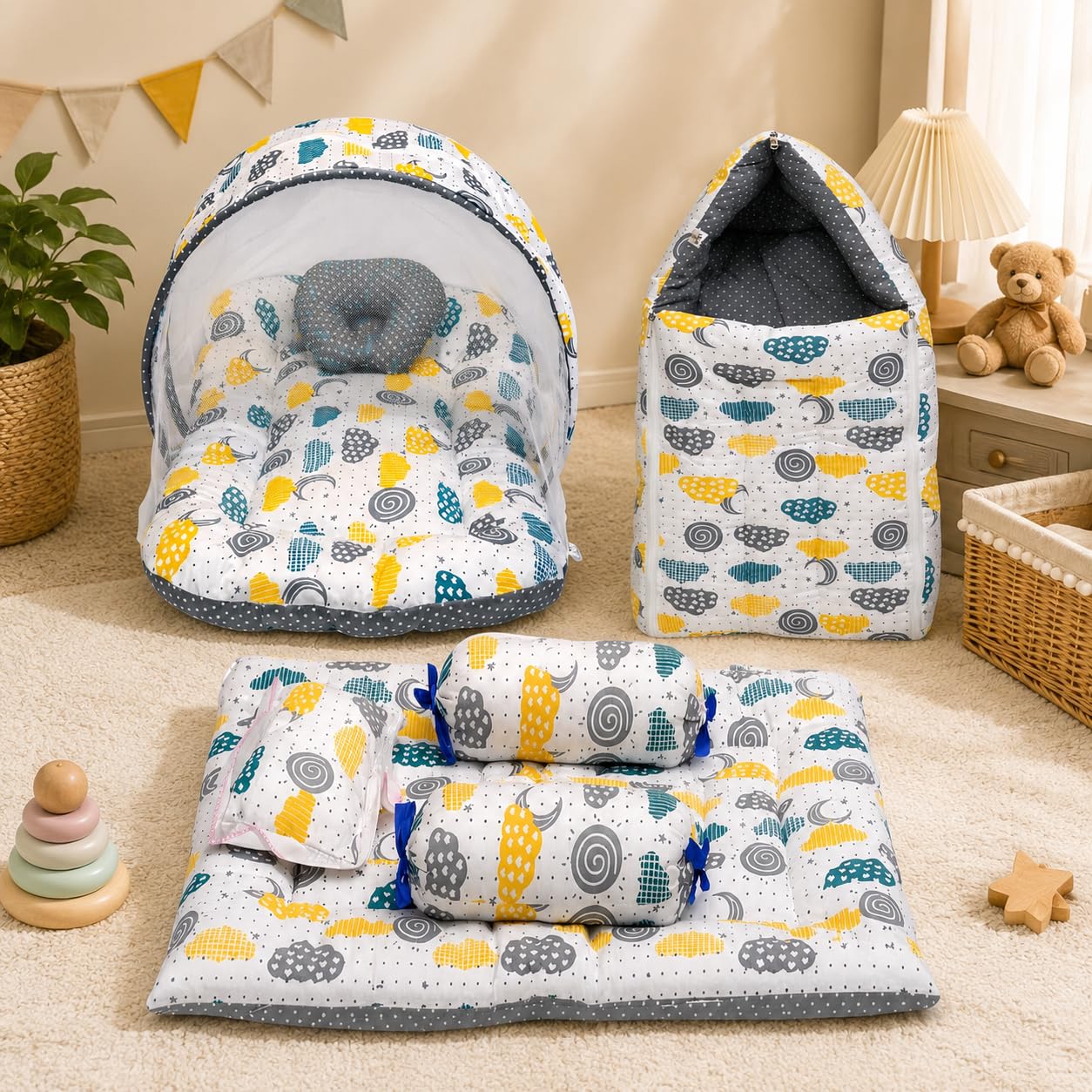Infantbond Baby Mattress with net | Baby Carry Bag | 4 Pcs Bedding Set