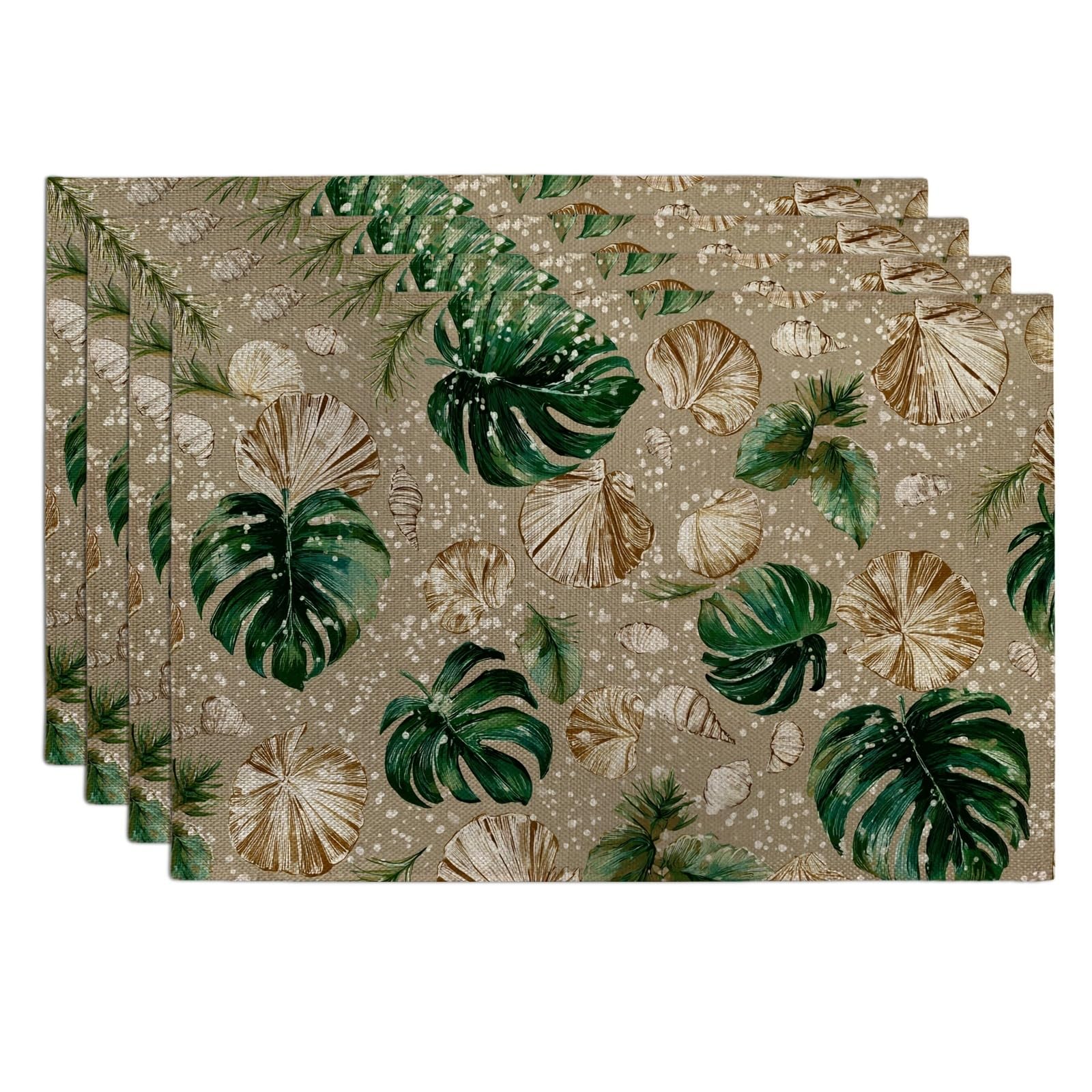 Tropical Green Leaves Placemats, Beige Natural Botanical Place mats for Dining Table, Non-Slip Washable Indoor Outdoor Event Decorative Placemat Set of 4