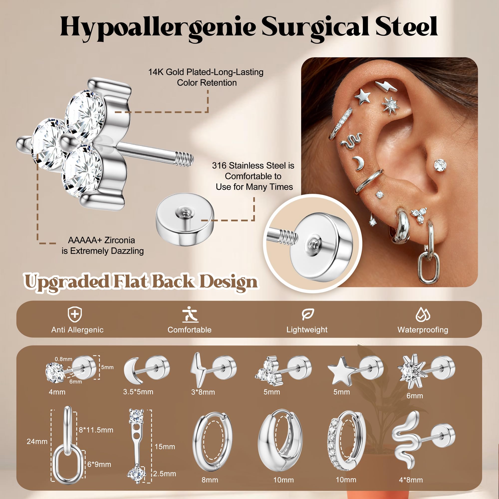 Dochais 12 Paires Boucles d'Oreilles Femme Acier Chirurgical 316L Or Argent Hypoallergéniques Boucles d'Oreilles Créoles Petites Lot Boucle d Oreille Helix Cartilage Conch Piercing Oreille Bijoux