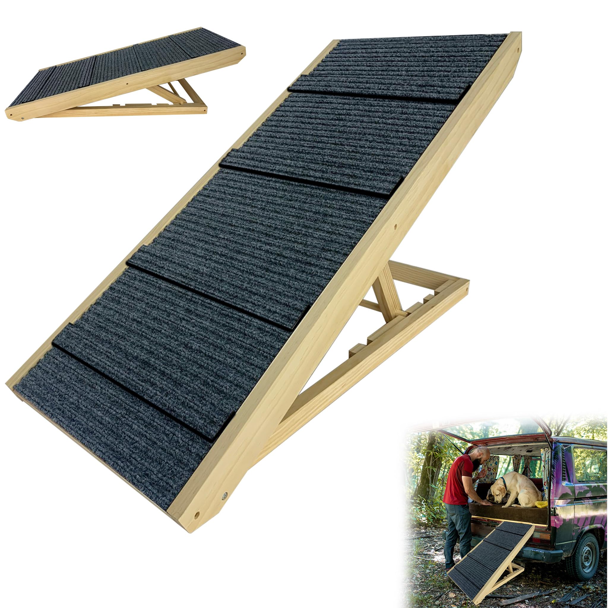 YRHome Klappbar Hunderampe Holz 100x40x60cm Hundetreppe für große Katzen und Hunde Anti-rutsch Hundeeinstiegshilfe für Bett Sofa oder Auto Haustiertreppe Bis 100kg Tragbare Tierrampe höhenverstellbar