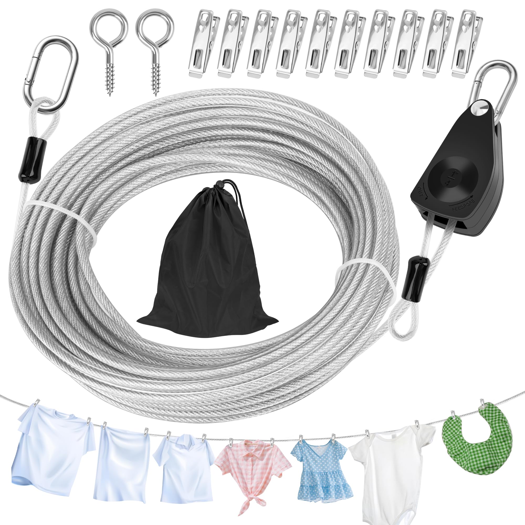 Windspeed 15M/50Ft Retractable Clothesline Outdoor Heavy Duty Travel Clothesline Retractable Clothes Line for Outside Travel Camping Clothes Line, Galvanized Steel Material, with 10 Clips, Storage Bag