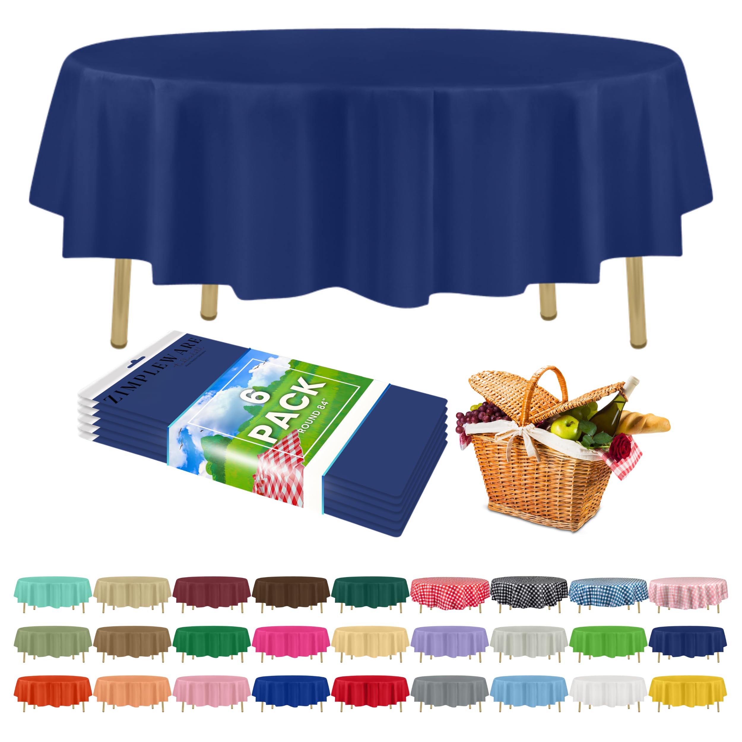 Nappes rondes jetables plastique bleu marine ZIMPLEWARE contre les taches lors des grands repas