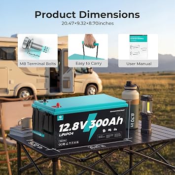 12V 300Ah LiFePO4 Battery, 3840Wh Deep Cycle Lithium Battery, 200A BMS, 15000+ Cycles, Low-Temp Cutoff Protection, Lithium Battery for Solar, RV, Marine, Off Grid
