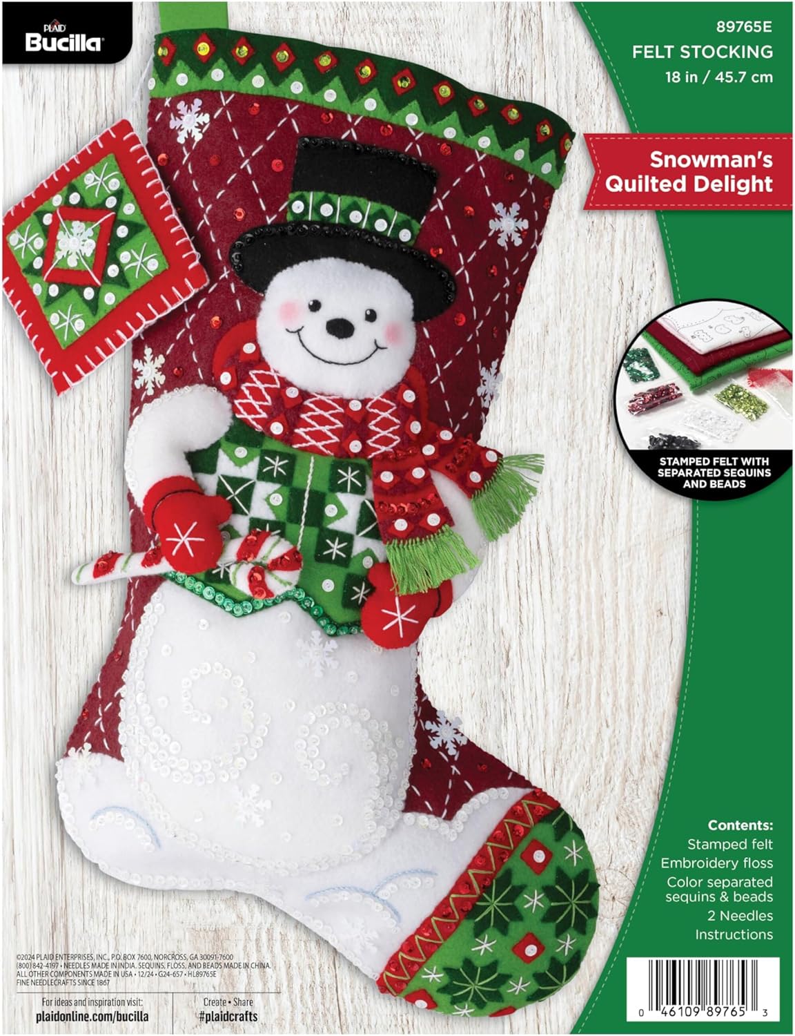 Bucilla Felt Applique 18" Stocking Making Kit, Snowman's Quilted Delight, Perfect for DIY Arts and Crafts