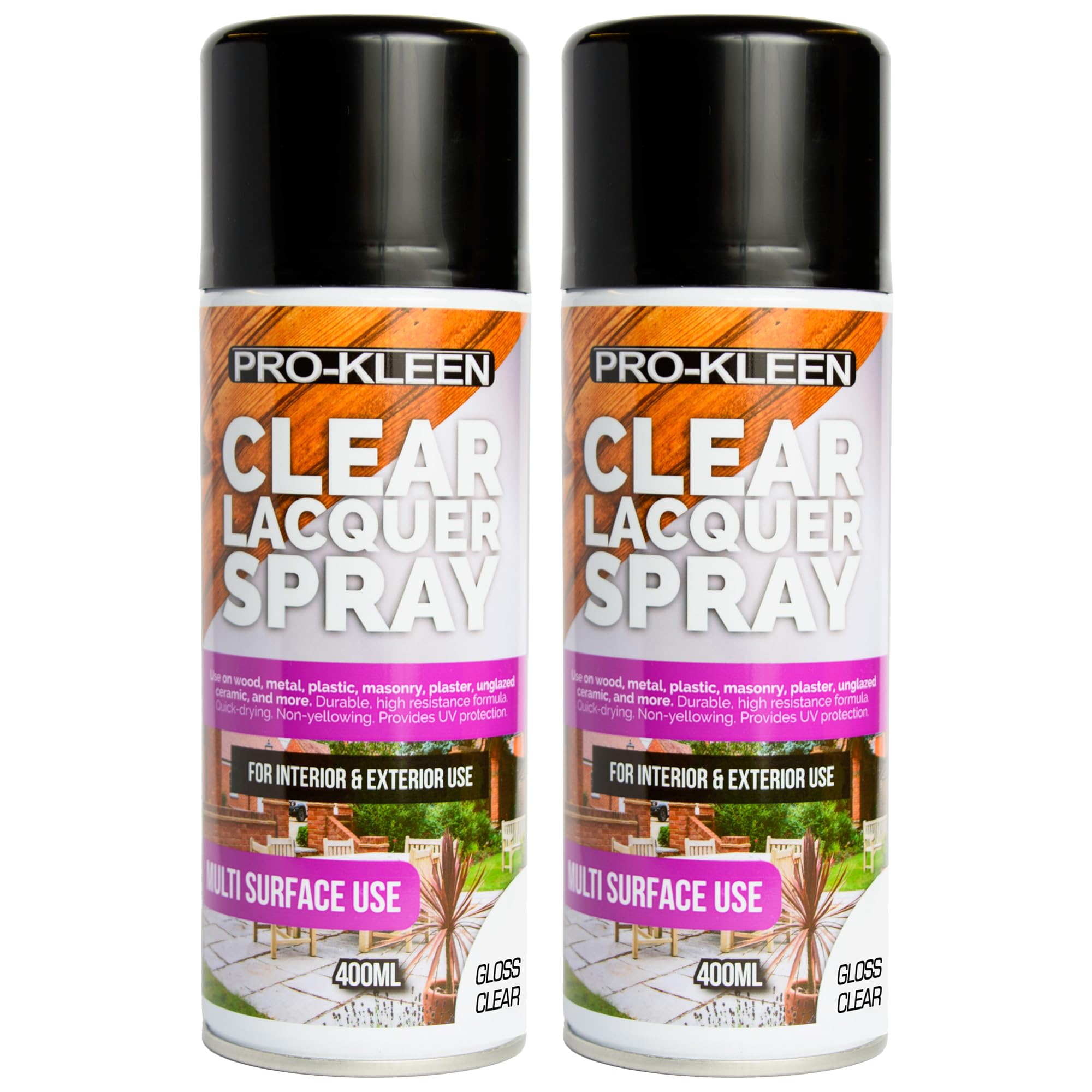 Pro-Kleen Clear Lacquer Spray - Protects And Seals - For Metal, Wood, Plastics & Ceramics - Fast Drying Formula For Interior And Exterior Surfaces - Durable & Flexible - (Gloss, 2 X 400Ml)