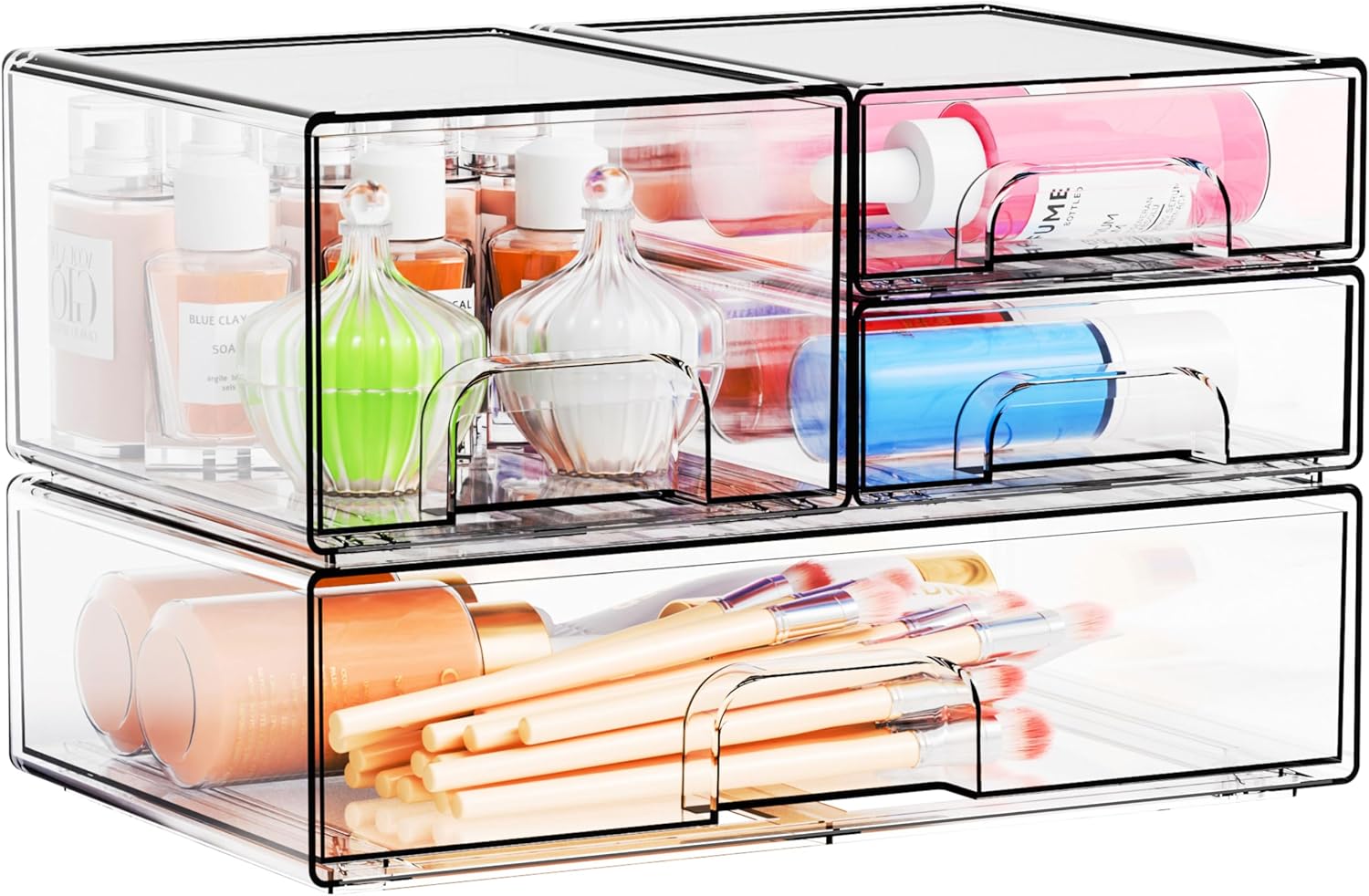 Yieach 4 Pack Clear Stackable Storage Drawers,Pull-Out Medicine Cabinet Organizer and Containers,Large Acrylic Organizers Drawers and Bathroom Closet Organizers for Hair Accessories,Makeup Organizer