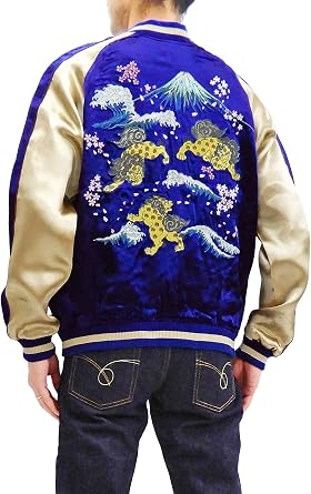 Japanesque Mens Japanese Souvenir Jacket Komainu Embroidered Sukajan 3RSJ-046 Navy/Beige Tagged Size Japan XL US M-L
