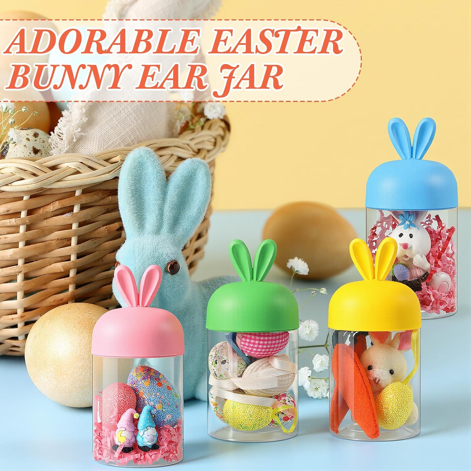 Mimorou 12 Pcs Easter Plastic Jar with Bunny Ear Cap Clear Candy Jar Easter Decorations Food Storage Canister for Party Gift Chocolate Candy Sweets Mini Eggs Table Decoration (5 Color)