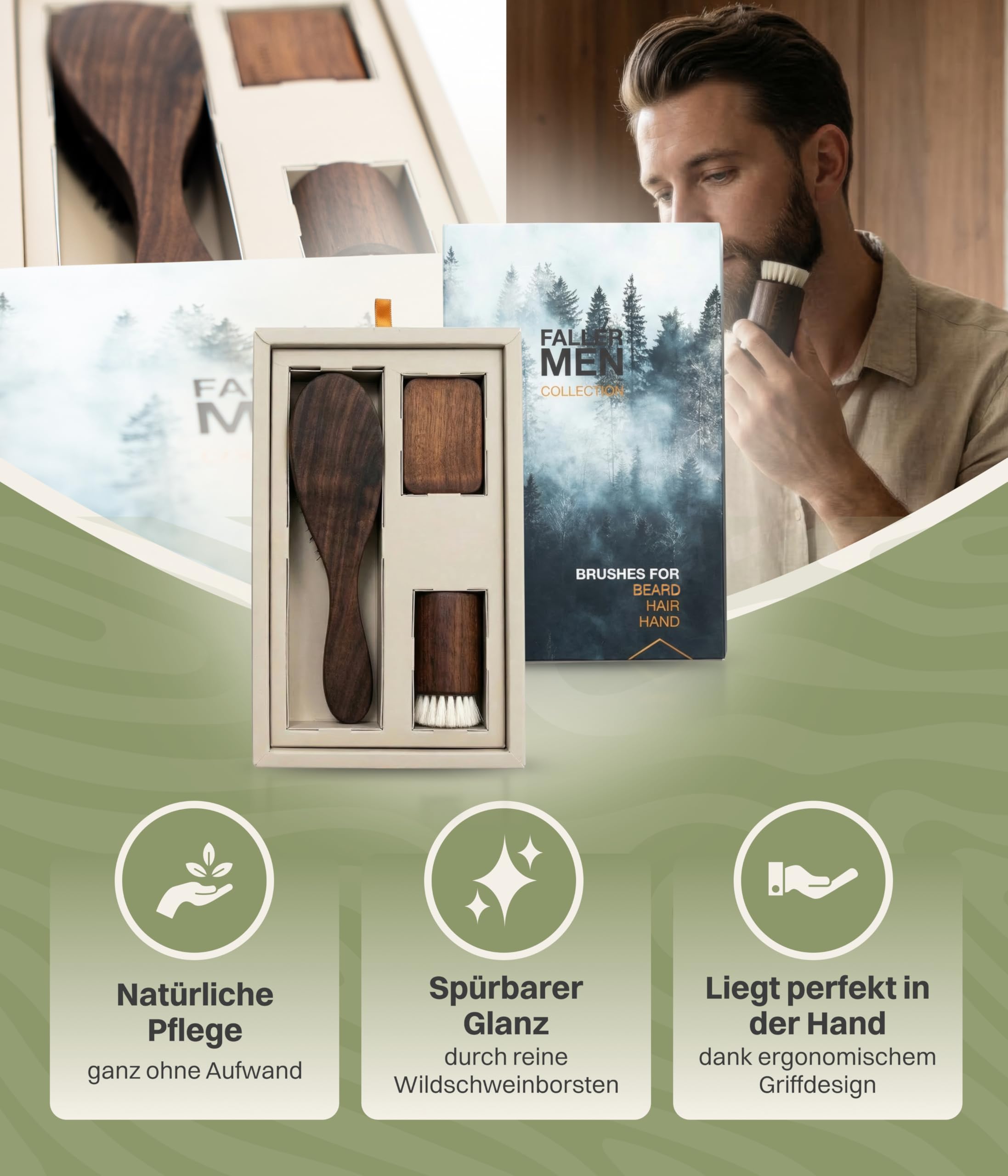 fa® MEN COLLECTION Pflege-Set – Haarbürste, Bartbürste & Handwaschbürste aus Naturmaterialien – Bartpflege Set für Männer – Hair & Beard Brush – Made in Germany