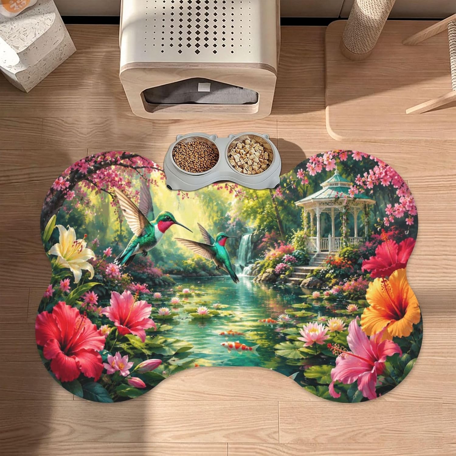 Hummingbirds Garden Waterfall Flowers Pond Bone Shaped Pet Feeding Mat 16"X24", Absorbent Quick Dry Pu Leather Bowl Mat with Non Slip Rubber Backing for Dog Cat