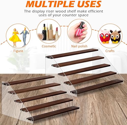 Miniatura 5 de Queekay Paquete de 4 soportes de exhibición de madera acrílica, estante de exhibición escalonado de madera, estantes organizadores de acrílico