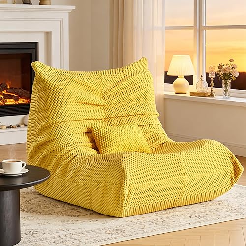 Bean Bag Chair for Adults - Large Bean Bag with Lumbar Pillow, Oversized Airpore Boneless Chair with High-Rebound Memory Foam, Lazy Floor Sofa for Reading, Gaming, Living Room, Bedroom, Yellow