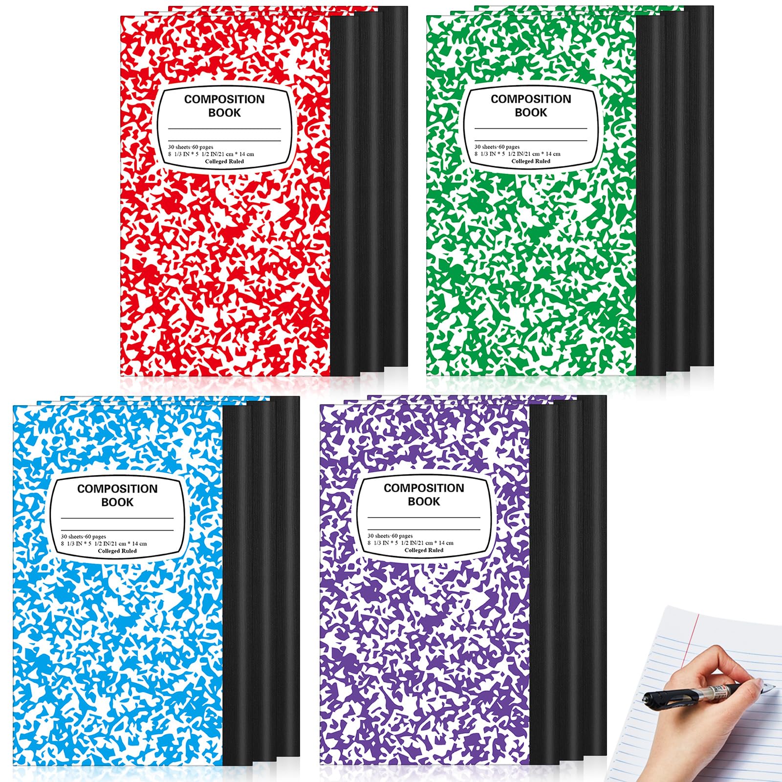 Gersoniel Lot de 12 petits carnets de composition pour gauchers A5 - Motif marbre - 21,1 x 14,8 cm - Journal pour gauchers écrivains étudiants - Cadeau d'écriture - 60 pages (couleurs vives)