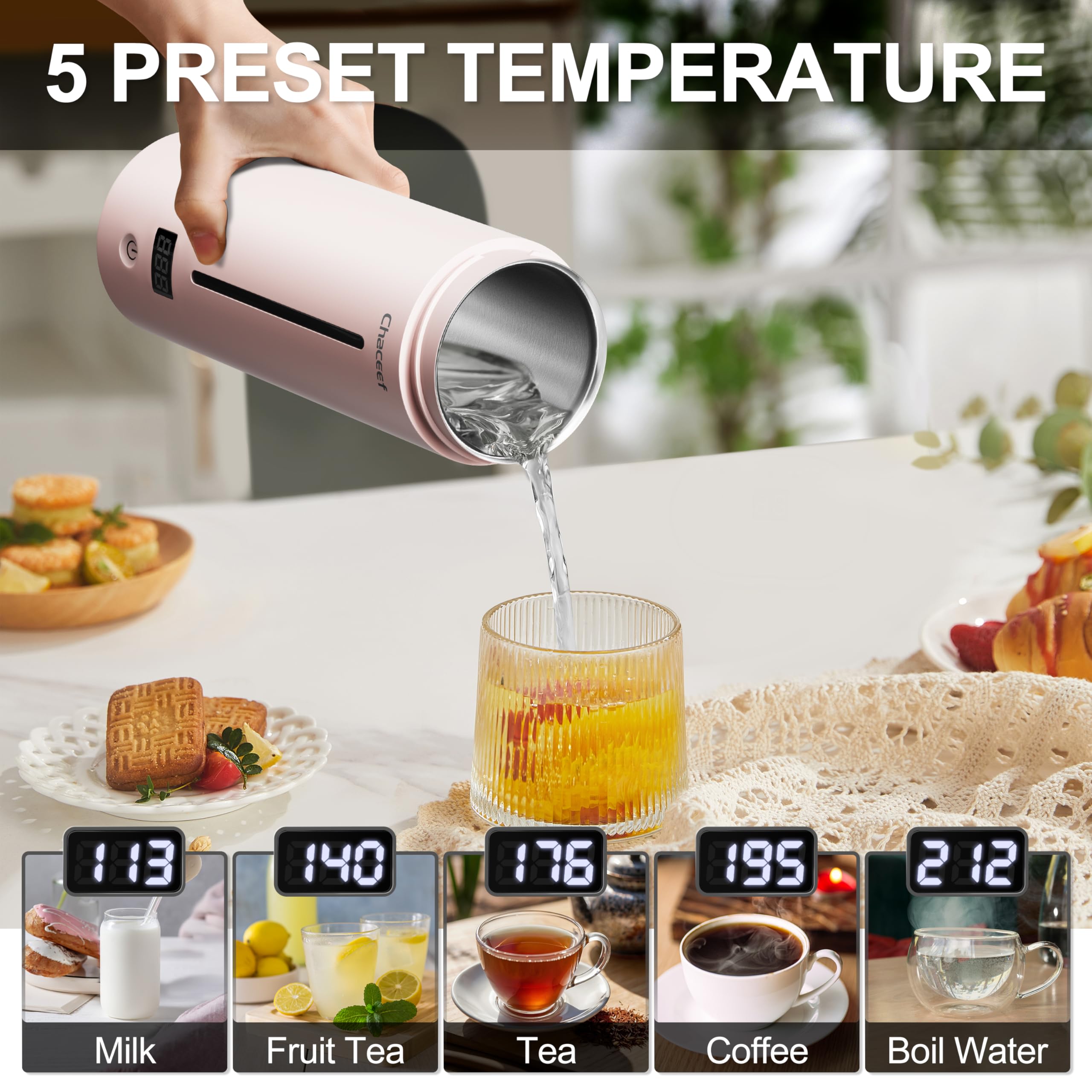 CHACEEF Travel Kettle ????????????????????????????????, Portable Electric Kettle, 350ml Small Electric Kettle with 5 Variable Presets, 304 Stainless Steel Hot Water Boiler with Auto Shut-Off & Boil Dry Protect, Pink