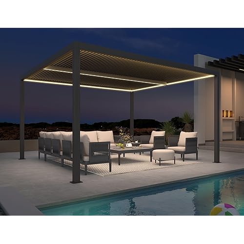 PURPLE LEAF LED Louvered Pergola 94AS 12'x 14' Full Aluminum Frame and Adjustable Roof Integrated Strip Lights for Outdoor Deck Garden Patio Gray Hardtop Gazebo Pergola