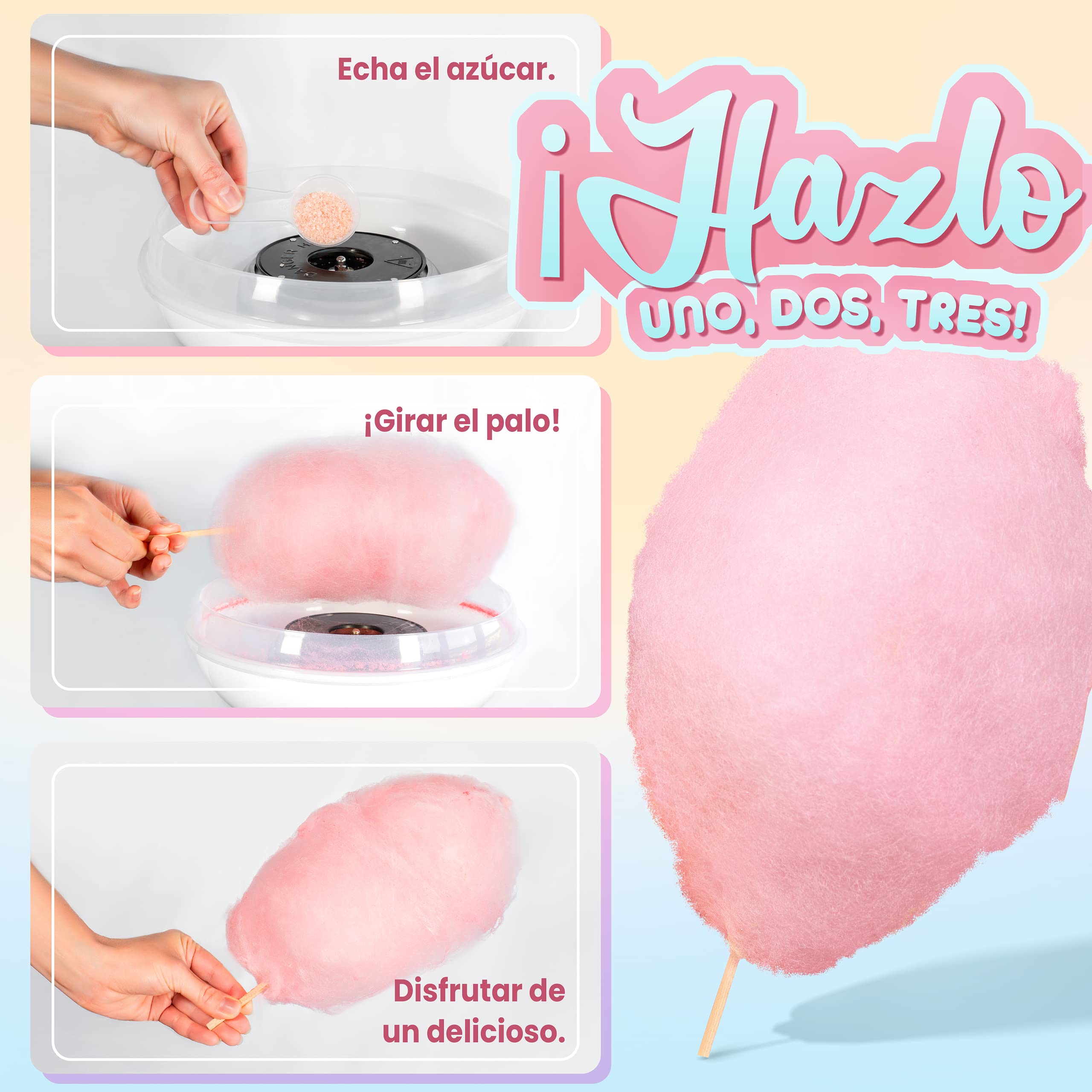 GREENDOSO® Azúcar para Algodón de Azúcar (4x320gr) – Lote de 4 Sabores (Fresa/Cola/Frambuesa/Manzana) – 50 Palitos