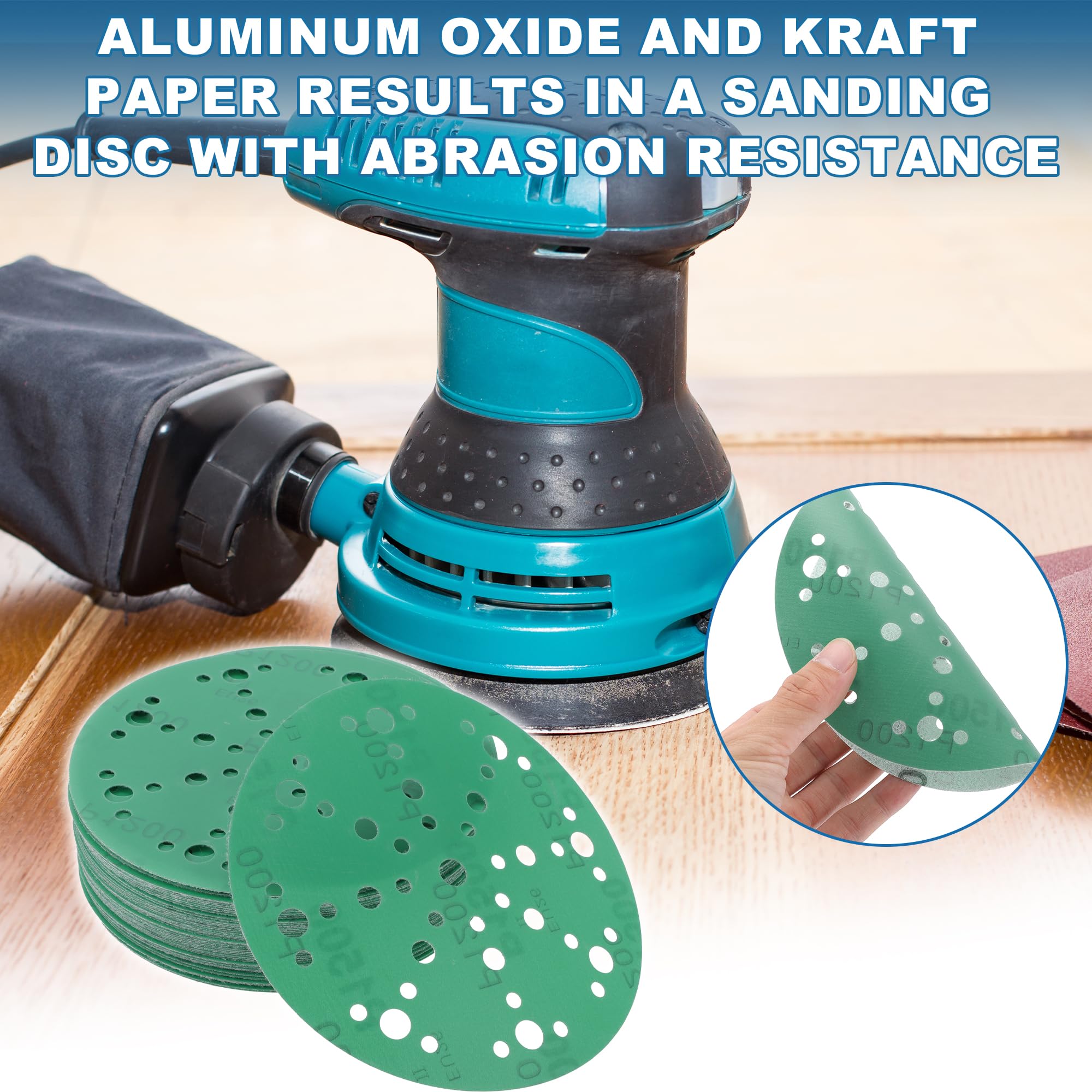 A ABSOPRO Sanding Discs 6 Inch 49 Hole 1500 Grit Round Hook and Loop Sandpaper Aluminum Oxide Green 50pcs - Image 2