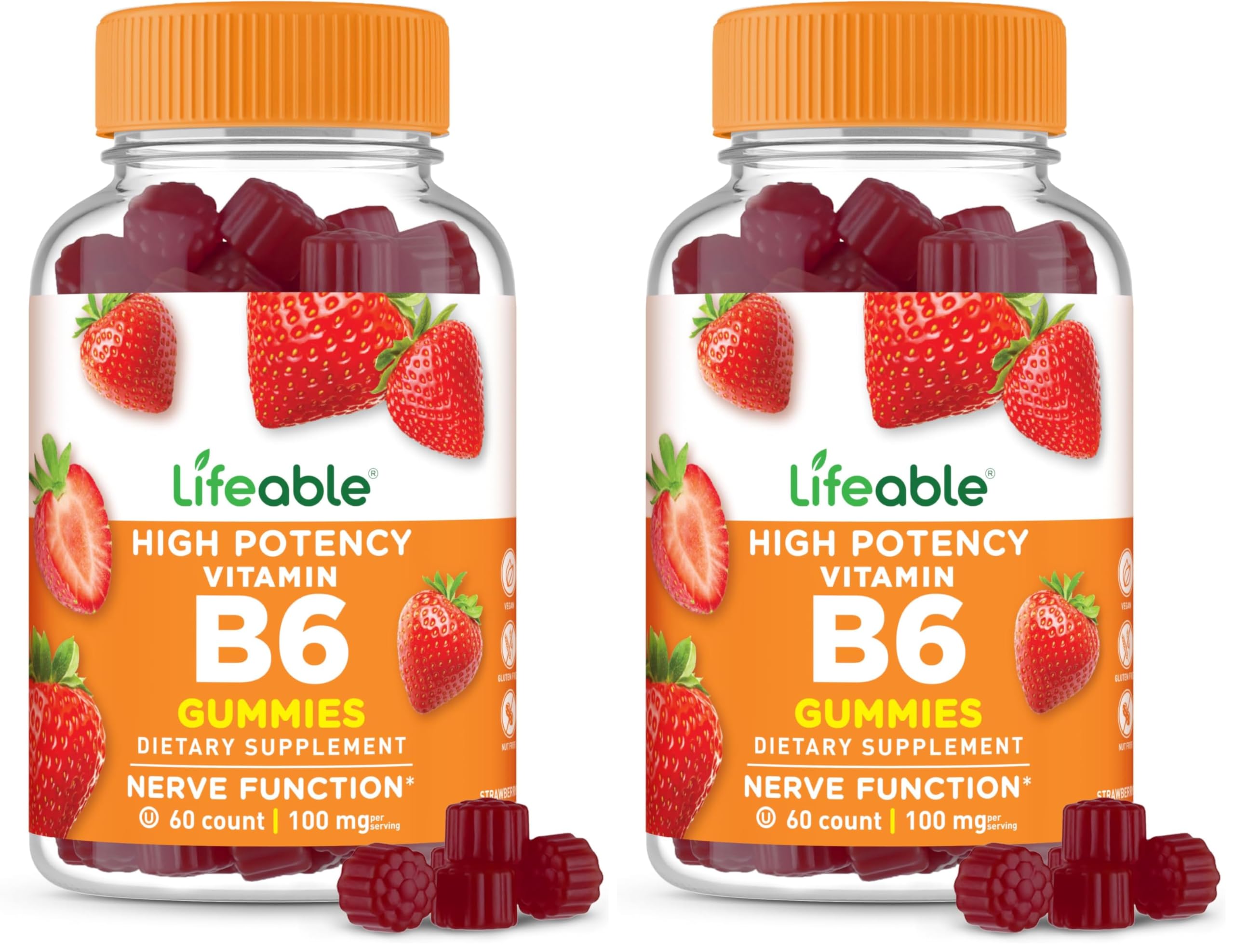Lifeable Vitamin B6 Gummies | 100mg | Great Tasting VIT B6 Supplement | Vegan B6 Vitamins for Nerve Support Supplement | Vitamin B 6 for Adults, Men, Women | 60 Gummies (Pack of 2) 60 Count (Pack of 2)