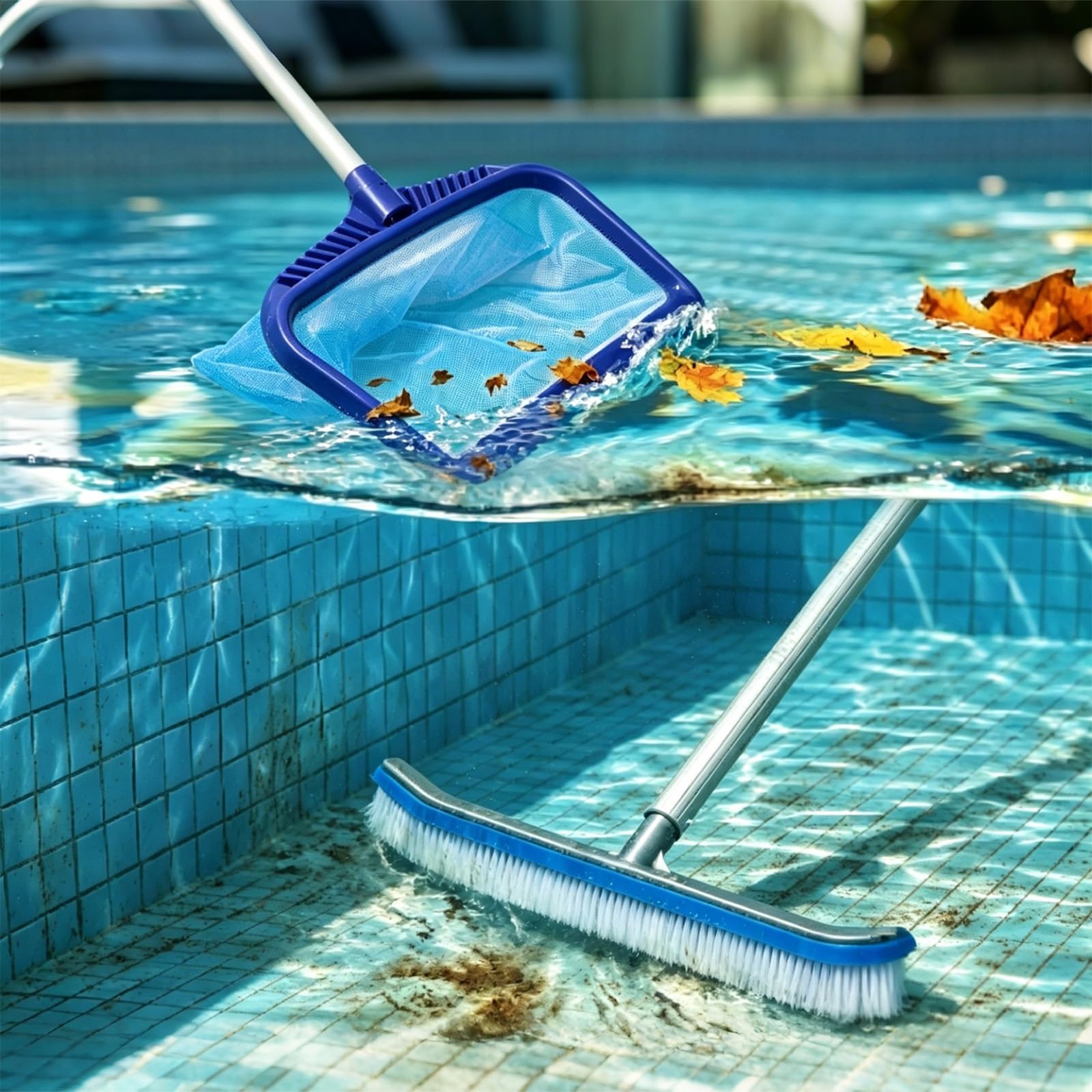 LZMZMQ Heavy Duty Pool Combo Brush and Skimmer Net, Inground Pools Maintenance Kit Complete, Pool Cleaning Tools for Daily Pools Maintenance, Easy Assembly(114in/2.9m)