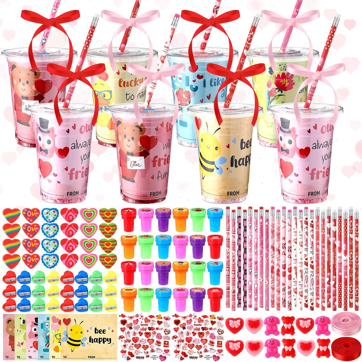 Vesici 323 Pcs Valentine's Day Gifts Bulk Valentines Party Favor Exchange Gift Galentines Supplies with Cup Cards Sticker Pencil Eraser Stamp