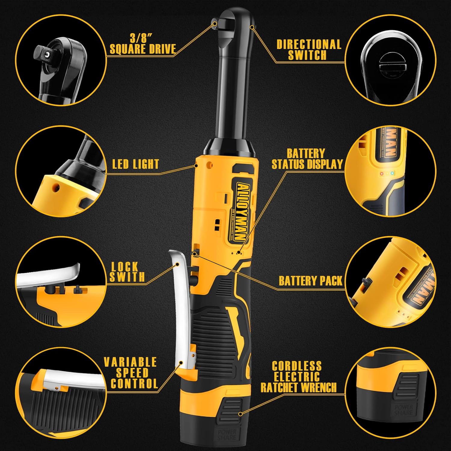 Alloyman 16.8V Extended Cordless Ratchet Wrench, 400 RPM 3/8 Inch Electric Ratchet Wrench Kit with Variable Speed Trigger 2-Pack 2.0Ah Li-Ion Batteries, 7 Sockets, 1/4" Adapter & 1-Hour Fast Charge : Tools & Home Improvement
