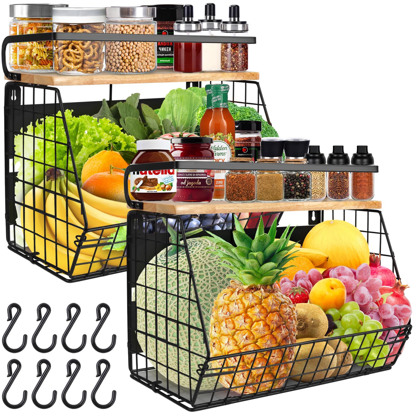 Confezione da 2 cestini magnetici per verdure, frutta, frutta, per cucina, appendiabiti con gancio per banane, impilabili, per verdure, frigorifero, senza fori, nero