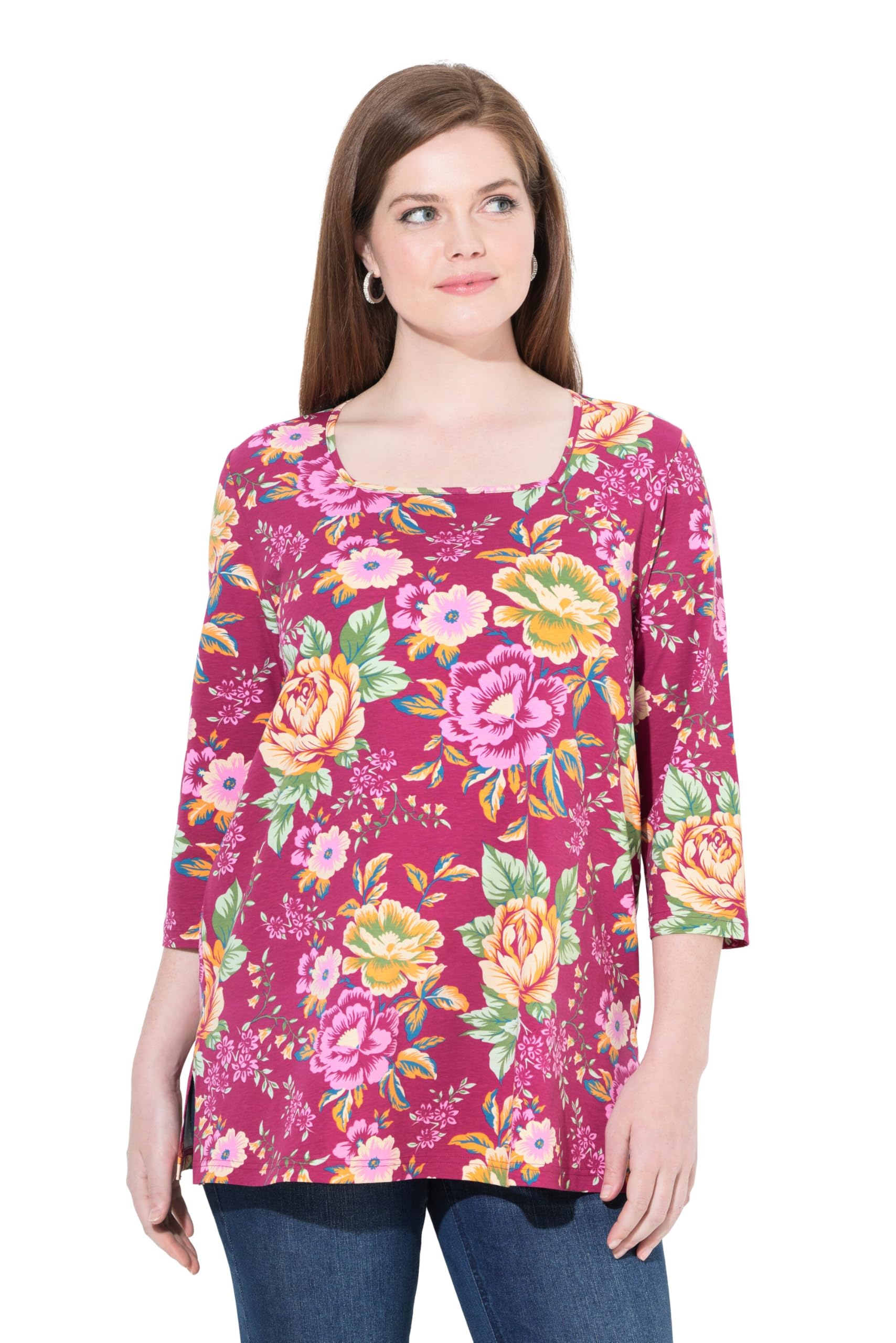 Ulla Popken Damen große Größen Übergrößen Plus Size Shirt, Blüten, Classic, Carré-Ausschnitt, 3/4-Arm 843545