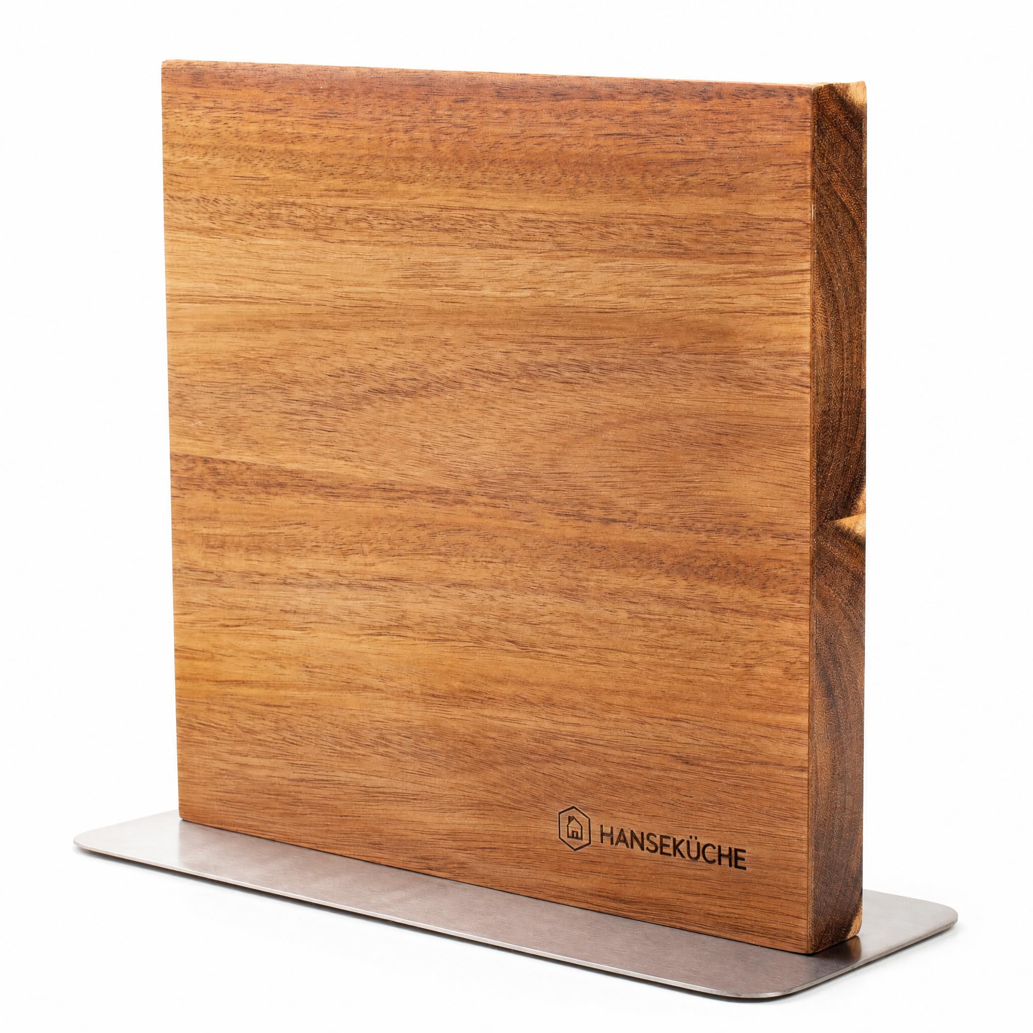 Magnetic Knife Block, (25x23x10cm) Double-Sided Wooden Knife Stand for Kitchen Knife Storage, Acacia Wood with Heavy Brushed-Metal Base, Strong Magnets, Countertop Organiser, Knives Not Included