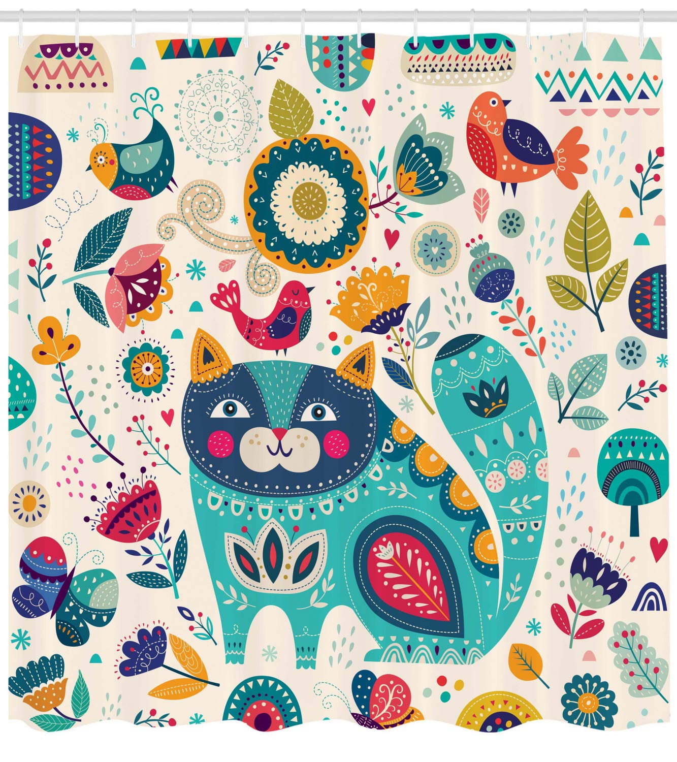 Ambesonne Cat Shower Curtain, Pet Birds Flower Leaf Trees Butterflies Spring Ornate Illustration, Cloth Fabric Bathroom Decor Set with Hooks, 69
