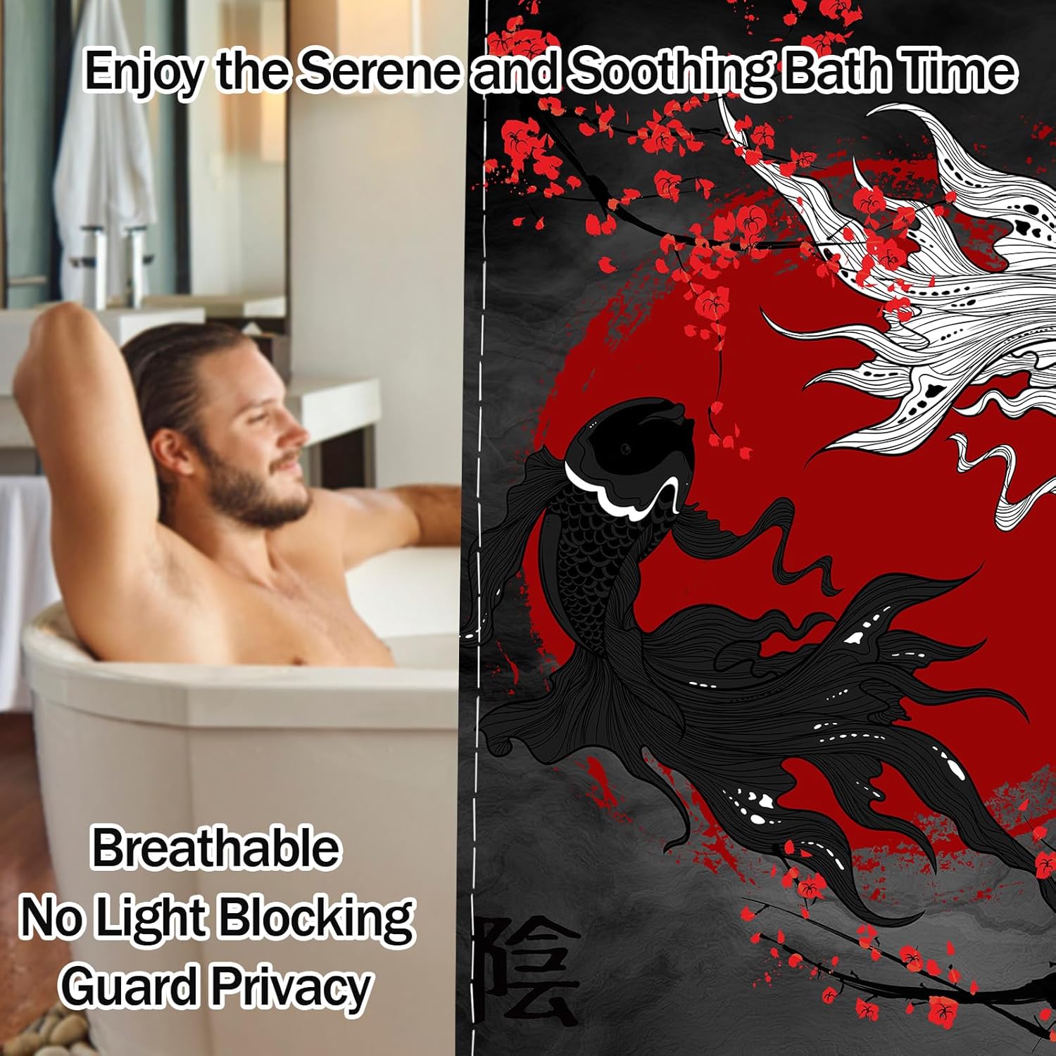 Japanese Shower Curtain Koi Fish Yin Yang Black and Red Asian Oriental Bathroom Decor, Waterproof Cloth Fabric with Hooks, 70x84 Inch