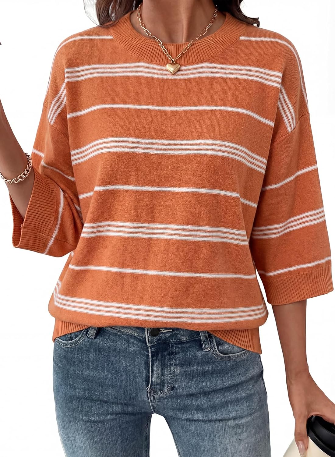 Dokotoo Womens Sweaters Spring Summer Oversized 3/4 Sleeve Striped Crewneck Casual Lightweight Knit Pullover Sweater Tops